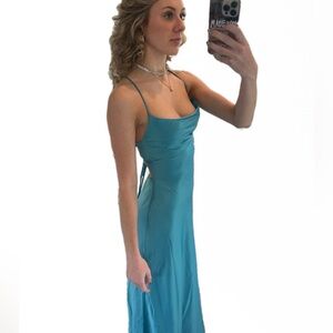 Princess Polly Aqua Blue Crisscross Spaghetti Strap Slip Dress Mini Cowl Neck